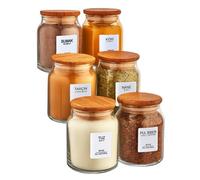Kitchen Life 6-Piece Spice Jars Set - 300ml - With Wooden Lid & Vacuum Seal - Includes 40 Labels - Airtight, BPA Free - Myrina Series