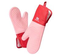 Kitchen Mama 2PCS UltraShield Silicone Oven Gloves Heat Resistant - Non-Slip, Stain-Resistant, Food-Grade Silicone Kitchen Gloves & Pot Holders for Baking, Grilling, Triple-Layer Oven Mitts (Red)