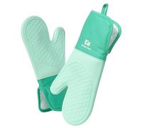Kitchen Mama 2PCS UltraShield Silicone Oven Gloves Heat Resistant - Non-Slip, Stain-Resistant, Food-Grade Silicone Kitchen Gloves & Pot Holders for Baking, Grilling, Triple-Layer Oven Mitts (Teal)