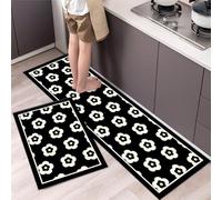 Kitchen Mat 2 Piece Non Slip Kitchen Rug Set, Black Floral Print Rug Mats Waterproof For Kitchen Floor, Entryway, Hallway Runner Set Washable Runners, 40X60 + 40X120 Cm,Black