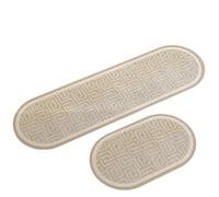 Kitchen Mat，2-Piece Oval Kitchen Sink Runner Rug Set, Cream Taupe Dual Tone Interlock Geometric Maze Design with Double White Frame, Non-Slip Rubber Back Water Oil Repellent Floor Mats for Hallway