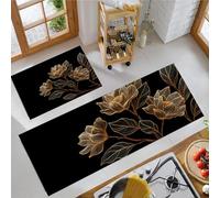Kitchen Mat Sets Non slip Washable, Flowers And Leaves Luxurious Lines Kitchen Rugs Set of 2 Black And Gold Kitchens Floor Mat for Home Decoration Office Standing Desk (50x80+50x150cm)