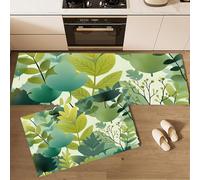 Kitchen Mat Sets Non slip Washable, Jungle Leaves Abstract Natural Style Kitchen Rugs Set of 2 Green Kitchens Floor Mat for Home Decoration Office Standing Desk (50x80+50x150cm)