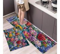 Kitchen Mat Sets Non slip Washable, Realistic flowers Tulips and Daisies Kitchen Rugs Set of 2 pinkish-purple Kitchens Floor Mat for Home Decoration Office Standing Desk (50x80+50x150cm)