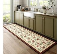 Kitchen Mat，Waterproof Non-Slip Anti-Fatigue Kitchen Mat Set Of 2, Cushioned Comfort Standing Floor Rugs, Vintage Farmhouse Floral Decor, Resistant Pvc Mats for Sink, Laundry Room Cream-Base 60*