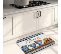 Kitchen Mats for Floor, Blue Vintage Cups and Croissants Soft Mats, Cushioned Comfort Washable Non Slip Decor Rugs for Kitchen Sinks Laundryroom Bathroom 16x24 Inch