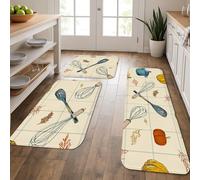 Kitchen Mats for Floor, Whisk and Pot Pattern Vintage Cozy Mats, Cushioned Comfort Washable Non Slip Decor Rugs for Kitchen Sinks Laundryroom Bathroom 3Pcs