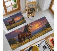Kitchen Mats Sets,Sunflower Fields Galloping Horses Non-slip Kitchen Floor Mat Stain-Resistant Country Style Runner Rug Washable Standing Mats for Dining Room, Entryway, Office, 40x60cm+40x120cm