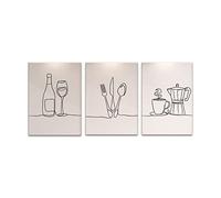 Kitchen Minimalist Line Art Wall Decor Tableware Wine Line Coffee Drawing Print Aesthetic Black and White Wall Art Modern Home Brush Strokes Poster for Dining Room Office Set of 3 (16" x 24" Unframed)