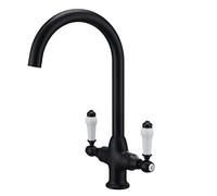 Kitchen Mixer Tap with White Ceramic Dual Lever, Matte Black Kitchen Sink Faucet with 360 Swivel Spout. Traditional Swan Neck Bar Taps with Flexible Hoses