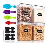 KITCHEN MONSTER 5.2L Large Airtight Food Storage Containers Jar Set, 4 Pack | Clear plastic cereal container set for flour, rice, and sugar. BPA-free kitchen storage includes scoops and chalkboard labels