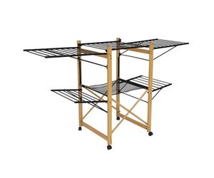 KITCHEN MOVE Large Capacity Multifunctional Clothes Airer with Wheels 28 m USHUAIA Wood and Black Colour with Mesh Drying Rack, Stainless Steel Aluminium Plastic, 176x60xH105cm