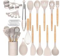 Kitchen Non Stick Cooking Utensils Set - 24pcs Silicone Kitchen Utensils Set with Spatula, Utensil Holder and Measuring Spoons, Heat Resistant, Kitchen Tools & Accessories, Wooden Handle-Khaki