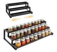 Kitchen Organisation 3 Tier Spice Rack for Inside Cupboard, 16-30in Expandable Spice Racks Organiser, Free Standing Seasoning Organizer, Quick Spices Jars Rack Access for Kitchen Countertop (Black)