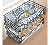 Kitchen Organizer 2 Tier Individual Pull Out Cabinet Organizer 304 Stainless Steel Wire Basket Pull Out Storage Organizer With Drain Pan And Damping Guide For Kitchen Cup,Black,49(W)*41(D)*14(H)cm