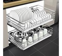 Kitchen Organizer 2 Tier Individual Pull Out Cabinet Organizer 304 Stainless Steel Wire Basket Pull Out Storage Organizer With Drain Pan And Damping Guide For Kitchen Cup,Silver,79(W)*41(D)*14(H)cm