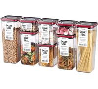 Kitchen Pantry Airtight Smart Seal Dry Food Storage with Lid, Modular, Stackable, Square, Clear Canister for Cereal, Sugar, Flour, Snack, Coffee, Pasta Container (8 Set, Black Lid)