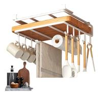 Kitchen Paper Holder - Under Cabinet Shelf, Stainless Steel Mount | Punch Free Towel Rack with Utensil Hanger Hooks for Storage Organization Space Saving in Kitchen Pantry Study Room Areas