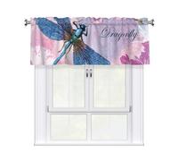 Kitchen Pink Flower And Blue Dragonfly Print Curtain Valance 54x18inch,Filtering Semi Sheer,1 Panel Short Curtains For Bedroom,Bathroom