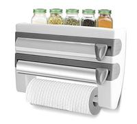 Kitchen Plastic Wrap Paper Tower Storage Rack with Cling Film Cut, Wall Mounted Kitchen Sauce Bottle Paper Cling Film Roll Storage Holder with Cutter No Drilling Easy Mount (Grey)