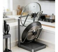 Kitchen Pot Lid Organiser Rack with Removable Drip Tray, 304 Stainless Steel Pan Lid Holder - Space Saving Stand for Lids, Chopping Boards, Plates & Utensils, for Cabinet or Countertop (Grey, 1)