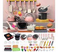 Kitchen Pretend Toy, Pretend Cooking Playset, Mini Pots Pans Toy Kitchen Accessories with Induction Cooker, Cutting Fruits Veggies,Educational Cooking Set for Toddlers Girls Boys Ages 3+ (Pink 86pcs)