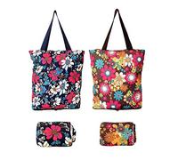 Kitchen Reusable Grocery Shopping Bags Foldable Tote Bag with Zipper Folding Floral Heavy Duty 2 Pack, Floral, M