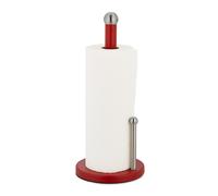 Relaxdays Kitchen Roll Holder, Bamboo, Stainless Steel, Standing Paper Towel Rack with Stopper, HxØ: 35x15cm, Silver/Red, 35 x 15 cm