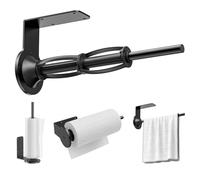 Kitchen Roll Holder Under Cabinet, Wall Mounted Kitchen Roll Holder with Two Fixing Tubes Damping Effect - Drilling or Adhesive Dispenser for Bathroom Countertop (Black)