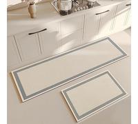 Kitchen Rug，2-Piece Long Rectangular Kitchen & Entryway Runner Rug Set, Off White Beige All Over Vertical Line Matte Textured Design with Double, Non-Slip Rubber Back Water Oil Repellent Floor Mat