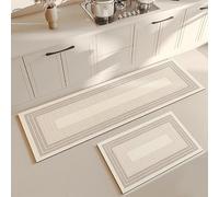 Kitchen Rug，2-Piece Long Rectangular Kitchen Entryway Runner Rug Set, Off White Taupe Multi-Layer Nested Gradient Border Matte Linen Textured Design, Non-Slip Rubber Back Water Oil Repellent Floor