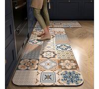 Kitchen Rug，Heavy-Duty Flexible Stain Resistant Kitchen Runner Rug 2 Pack, Waterproof Anti-Fatigue Diatom Floor Mats, Foldable Easy Storage for High-Traffic Indoor Hallway Blue And White Tiles 40 * 1