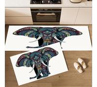 Kitchen Rug Mat Sets, 2 Pieces Non-Slip Rubber Backed Long Floor Mats, Abstract Animals Boho Style African Elephant Washable Carpet Runner Rugs for Hallway, Dining Room, 43×75cm+43×120cm White