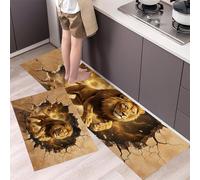 Kitchen Rug Set 2 Piece,3Dthree-Dimensional Cave Non Slip Washable Kitchen Mat, The Golden Lion Ran Out Of The Cave Home Decoration Floor Mats For Dining Room Corridors, 40×60Cm+40×120Cm