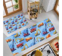 Kitchen Rug Set 2 Pieces, 50x80cm+50x150cm Washable Non-Slip Construction Vehicle Paradise Kitchen Floor Mats, Absorbent and Stain- Cranes Excavators Floor Runner Rug for Hallway, Entryway Sky Blue