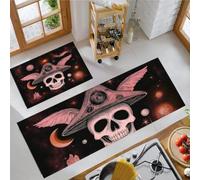 Kitchen Rug Set 2 Pieces, 50x80cm+50x150cm Washable Non-Slip Science Fiction Fairy Tale Kitchen Floor Mats, Absorbent and Stain-Resistant Skull With Hat Planet Floor Runner Rug for Hallway, Entryway