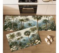 Kitchen Rug Set 43x75cm+43x150cm Non Slip Washable Palm Trees Bird Of Paradise Flowers Kitchen Floor Mat Retro Tropical Jungle Comfort Standing Mats for Sink, Hallway, Dining Room, Emerald Green