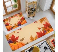 Kitchen Rug Set of 2, Autumn Harvest Style Non Slip Washable Orange Color Kitchen Mat, Home Decoration Anti Fatigue Pumpkin Grapes Floor Mats for Dining Room Corridors, 43x75cm+43x150cm