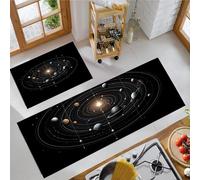 Kitchen Rug Set of 2, Universe Fantasy Non Slip Washable Black Kitchen Mat, Home Decoration Anti Fatigue Solar System Planets Floor Mats for Dining Room Corridors, 43x75cm+43x150cm