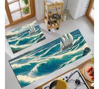 Kitchen Rug Set Sea Waves Sailing 2 Pcs Kitchen Rugs And Mats For Hallway Entryway Office Home Decoration Non Slip Carpet 43X75Cm+43X120Cm
