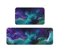 Kitchen Rug Sets 2 Piece Kitchen Mat Long Runner Waterproof Non slip Washable Modern Quick Drying Anti-Fatigue Cushioned for Sink Kitchen Hallway Green Purple Ripples 60x90cm+60x180cm E4850