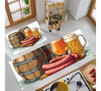 Kitchen Rug Sets 2 Piece Kitchen Mats Non Slip Washable Kitchens Runners Floor Mat Brownish-Yellow Retro And Nostalgic Style Wooden Barrel, Beer Mug, Sausage for Kitchens Laundry Room45x75+45x150cm