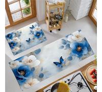 Kitchen Rug Sets 2 Piece Kitchens Mats Non Slip Washable Runners Floor Mat blue Roses and butterflies Elegant flowers for Kitchen Laundry Room Hallway 50x80+50x150cm
