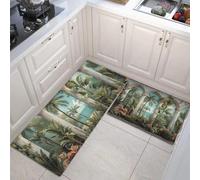 Kitchen Rug Sets 2 Piece Kitchens Mats Non Slip Washable Runners Floor Mat green Tropical plants at the arch Retro scenery for Kitchen Laundry Room Hallway 50x80+50x150cm