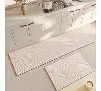 Kitchen Rugs，2-Piece Long Rectangular Kitchen & Entryway Runner Rug Set, Off White Cream Patchwork Fan Concentric Arc Matte Textured Design, Non-Slip Rubber Back Water Oil Repellent Floor Mats for
