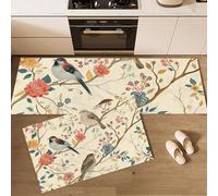 Kitchen Rugs 2 Pieces,40 * 60cm+40 * 120cm,Absorbent and Stain-Resistant Non-Slip Cute Little Bird Branches Flowers Pattern Runners Floor Mat Rug,Beige