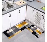 Kitchen Rugs Abstract Runner Set of 2, Anti Fatigue Floor Mat for Home Decor Office, Geometric Squares Lines Waterproof Non Slip Kitchen Rug Set Standing Mats Ash, 43x75cm+43x150cm