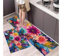 Kitchen Rugs and Mats, Brilliant Flowers Anti Fatigue Kitchen Rug Sets Colorful Polka Dot Flowers Comfort Floor Mats Non Slip Kitchen Rug Runner for Office Sink Laundry ( Navy Blue, 40x60cm+40x120cm)