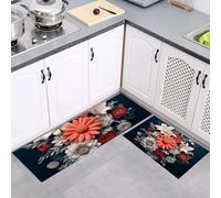 Kitchen Rugs Flowers Art Runner Set of 2, Anti Fatigue Floor Mat for Home Decor Office, Daisy Lily Bouquet Waterproof Non Slip Kitchen Rug Set Standing Mats Dark Blue, 40x60cm+40x120cm