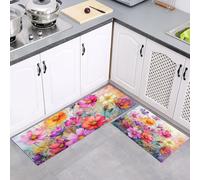 Kitchen Rugs Flowers Runner Set of 2, Anti Fatigue Floor Mat for Home Decor Office, Watercolor Cosmos Waterproof Non Slip Kitchen Rug Set Standing Mats Colorful, 43x75cm+43x150cm
